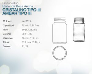Redonda boca ancha cristalino tipo iii ambar tipo iii 75ml