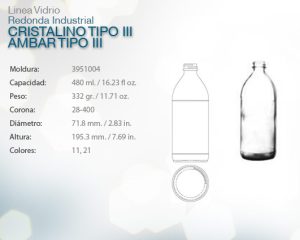 Redonda industrial cristalino tipo iii ambar tipo iii 480ml