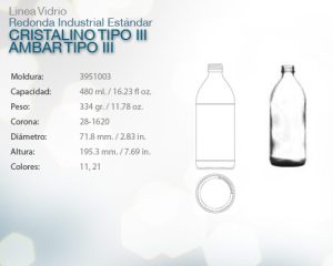 Redonda industrial estandar cristalino tipo iii ambar tipo iii 480ml
