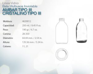 Bala multiusos inviolable ambar tipo iii, cristalino tipo iii 250ml